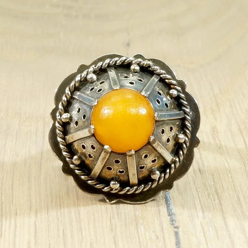 Chunky Gemstone Ring for Bold Style-Enigmatic Egg Yolk Amber & Silver Ring