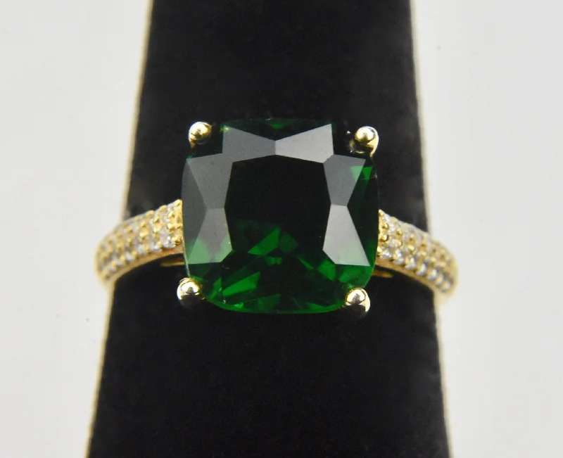 Dainty Engagement Ring for Women-Gold Tone Sterling Silver Ring with Simulated Emerald and Diamonds - Size 6.25