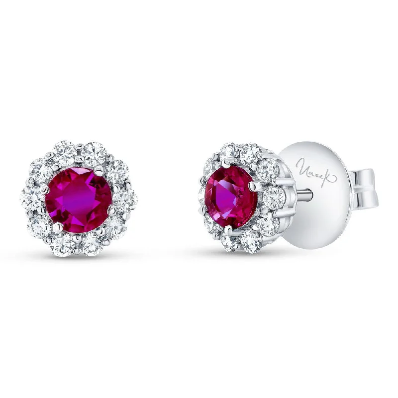 Elegant Diamond Earrings for Women-Uneek Precious Collection Halo Round Ruby Stud Earrings