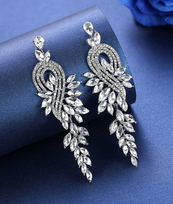 Timeless Pearl Earrings for Wedding Look-MEC-009 Crystal Pearls Long Drop Earrings Bridal Wedding Jewelry