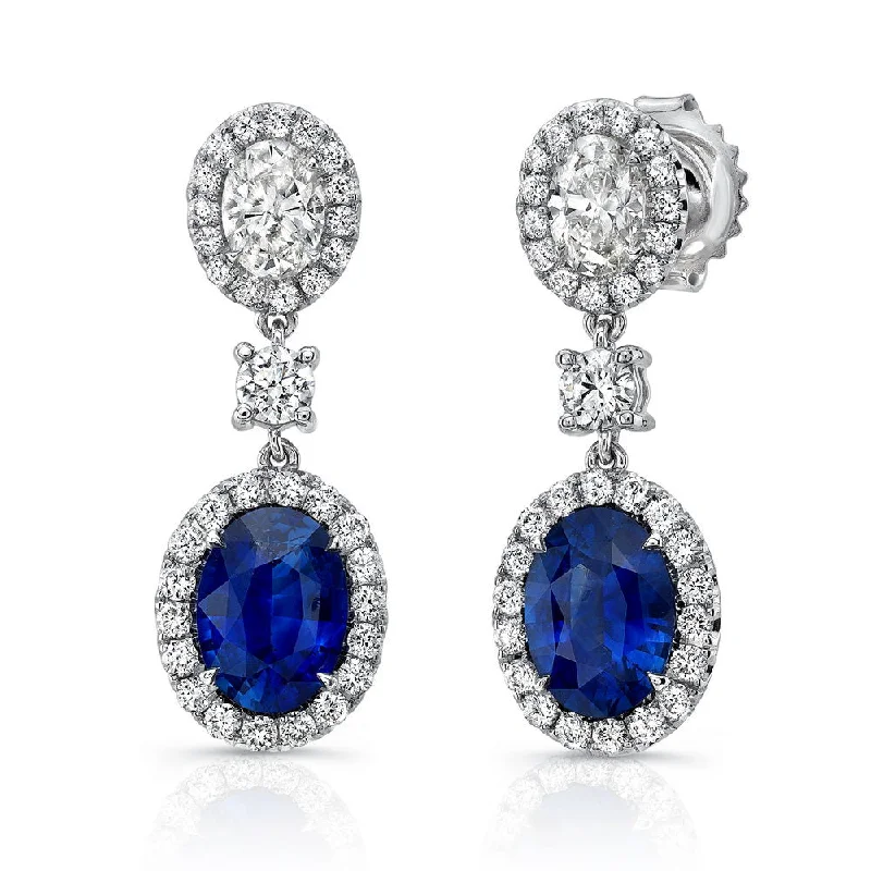 Trendy Stud Earrings for Young Women-Uneek Oval Blue Sapphire and Oval Diamond Dangle Earrings