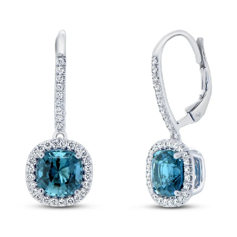 Chunky Statement Earrings for Bold Style-Uneek Precious Collection Halo Cushion Cut Indicolite Tourmaline Drop Earrings