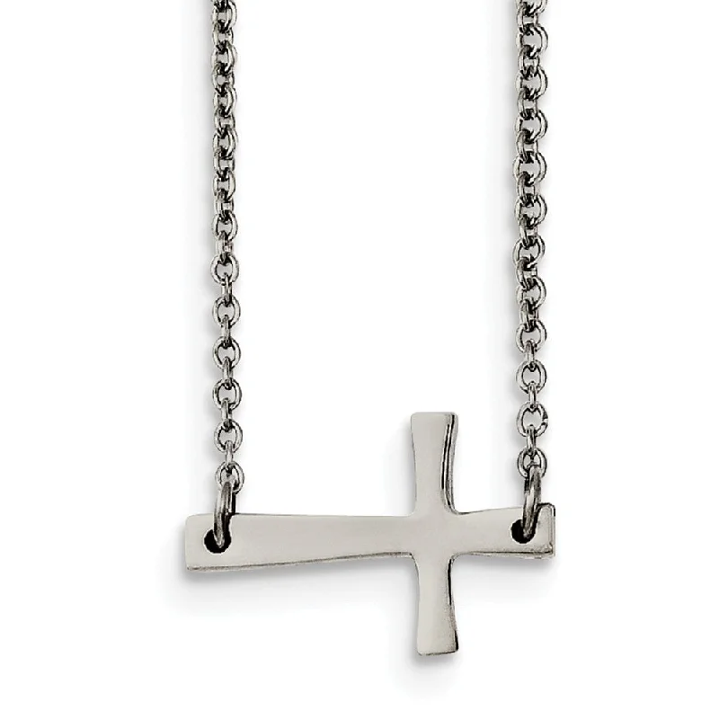 Silver Necklace with Colored Stones-Polished Sideways Cross Necklace in Stainless Steel, 16.75 Inch