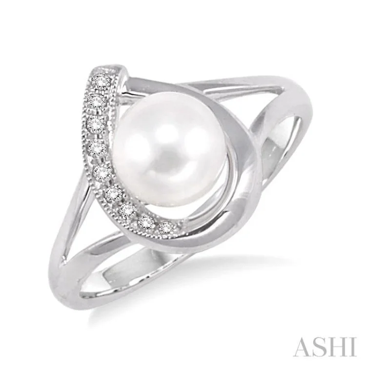 Rose Gold Ring for Stylish Women-6.5 MM Cultured Pearl and 1/20 Ctw Single Cut Diamond Ring in Sterling Silver