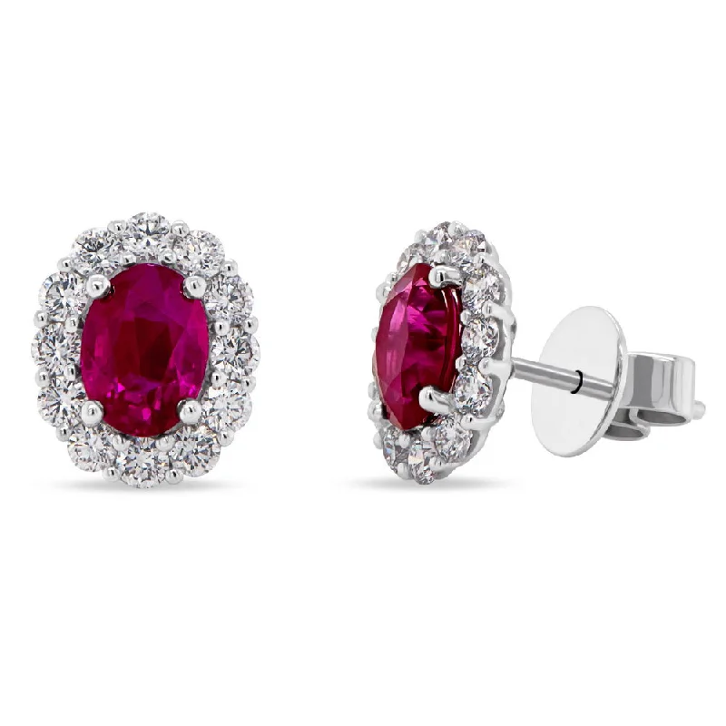 Sparkling Silver Earrings for Women-Uneek Precious Collection Halo Oval Shaped Ruby Stud Earrings