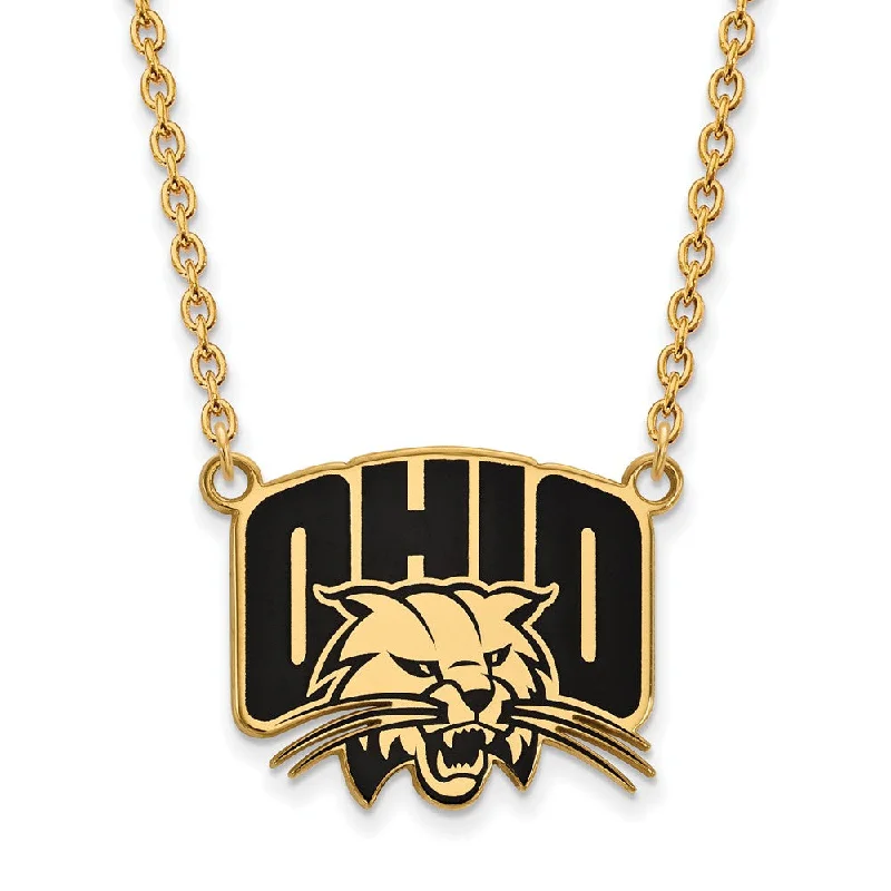 Gold Bar Necklace for Trendy Style-14k Gold Plated Silver Ohio U Large Enamel Pendant Necklace