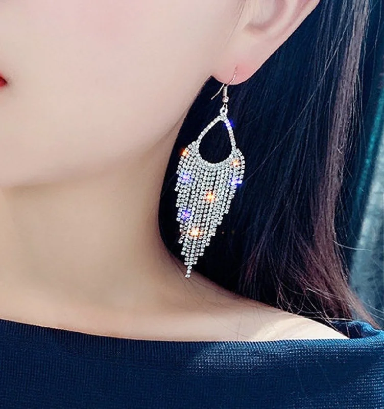 Timeless Gold Earrings for Women-Crystal Hanging Rhinestone Earrings Long Tassel JS-019