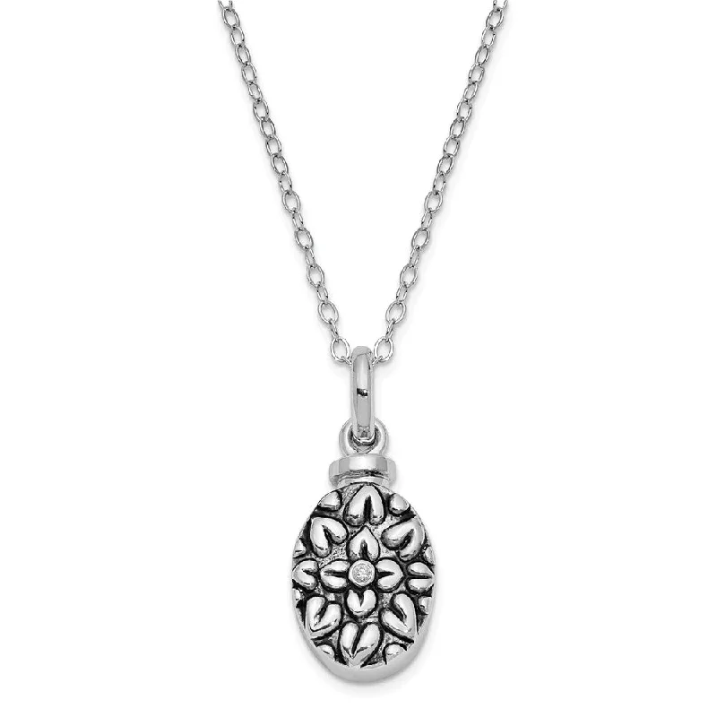 Beautiful Necklace for Evening Party-Rhodium Plated Sterling Silver & CZ Flower Ash Holder Necklace, 18in