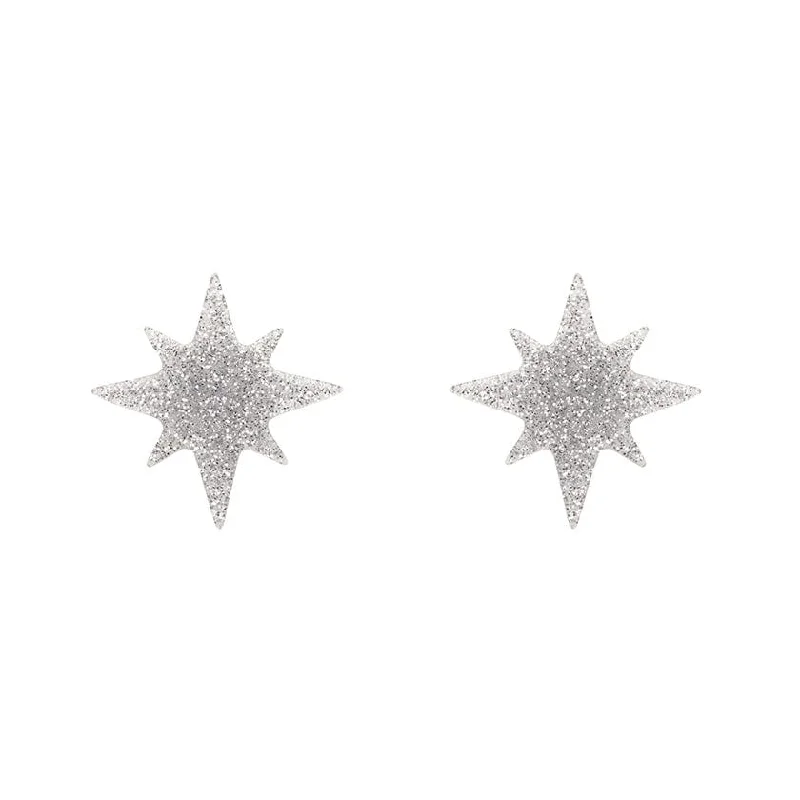 Elegant Pearl Earrings-Erstwilder - Atomic Star Glitter Stud Earrings - Silver