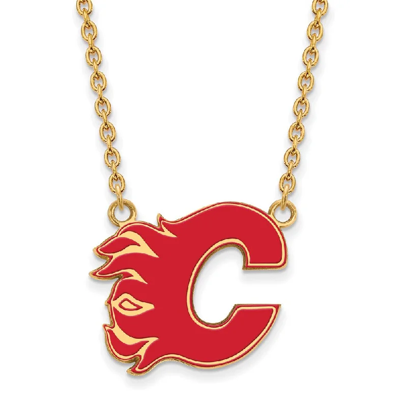 Chain Necklace for Men-SS 14k Yellow Gold Plated NHL CaLGary Flames LG Enamel Necklace, 18 In