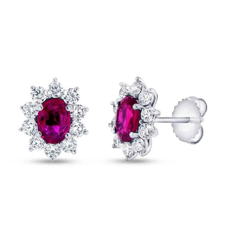 Chic Gold Earrings for Women-Uneek Precious Collection Halo Oval Shaped Ruby Stud Earrings