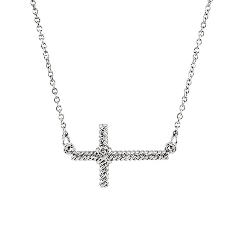 Silver Necklace with Large Pendant-20mm Sideways Rope Cross Necklace in 14k White Gold, 16.5 Inch