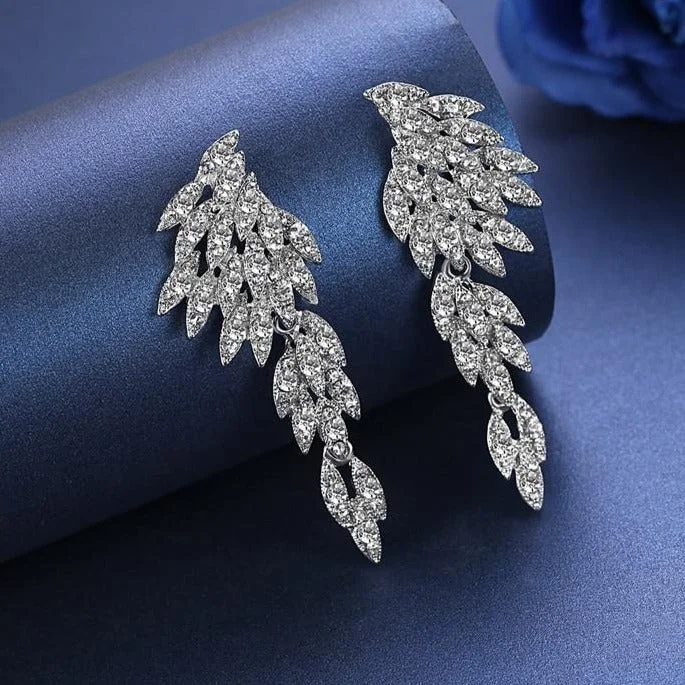 Silver Stud Earrings-MEC-005 Wedding Jewelry Bridal Long Clip Earrings