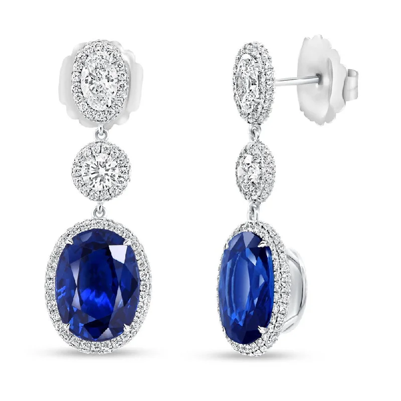 Customizable Earrings for Weddings-Uneek Precious Collection Halo Oval Shaped Blue Sapphire Dangle Earrings