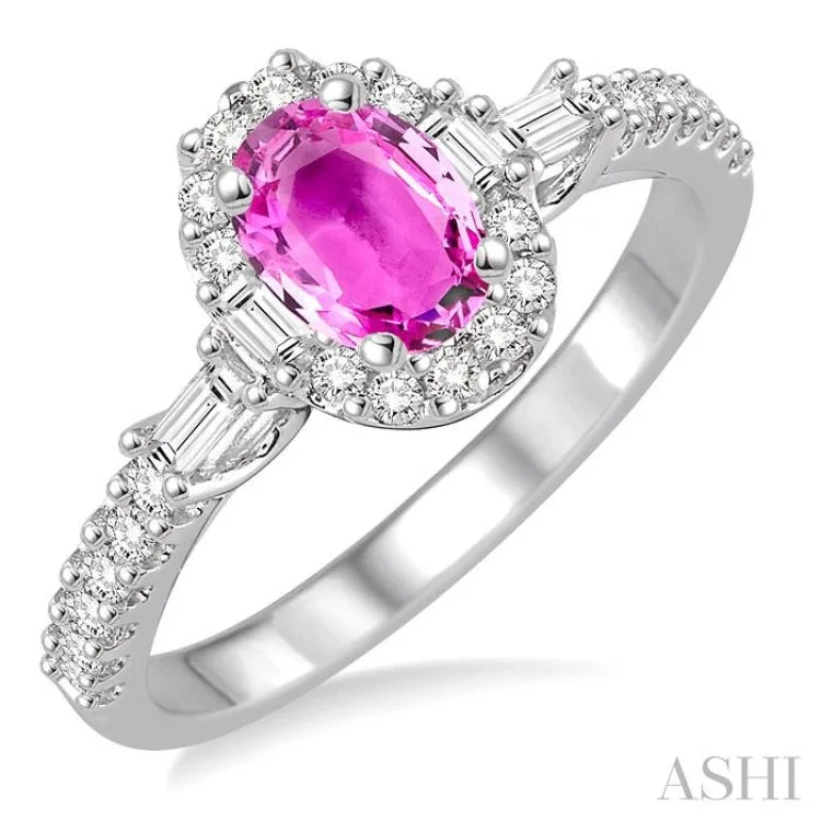 Multi-Gemstone Engagement Ring-6x4 MM Oval Shape Pink Sapphire and 3/8 Ctw Diamond Ring in 14K White Gold