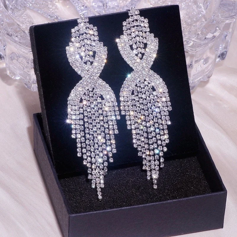 Small Drop Earrings for Casual Style-Long Tassel Rhinestone Earrings Crystal Hanging Style JS-015