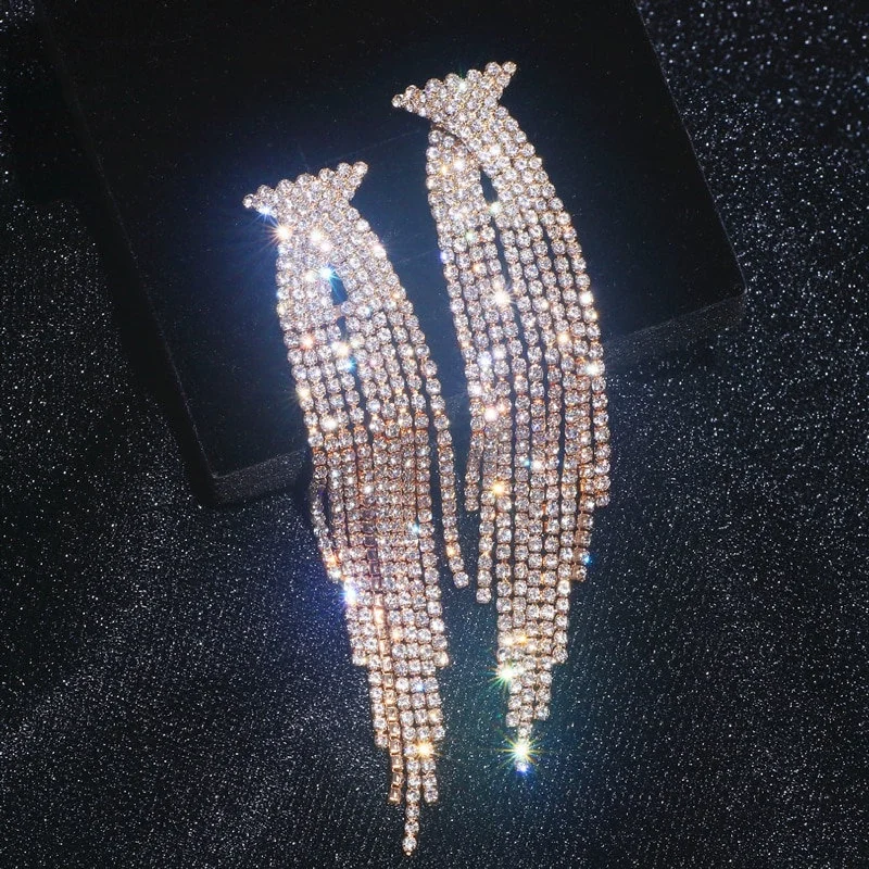 Statement Earrings for Weddings-GOLD Rhinestone Earrings Long Tassel JS-016