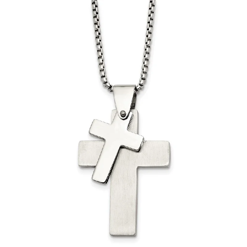 Gold and Silver Necklace for Casual Looks-Stainless Steel Polished Double Cross Necklace - 24 Inch