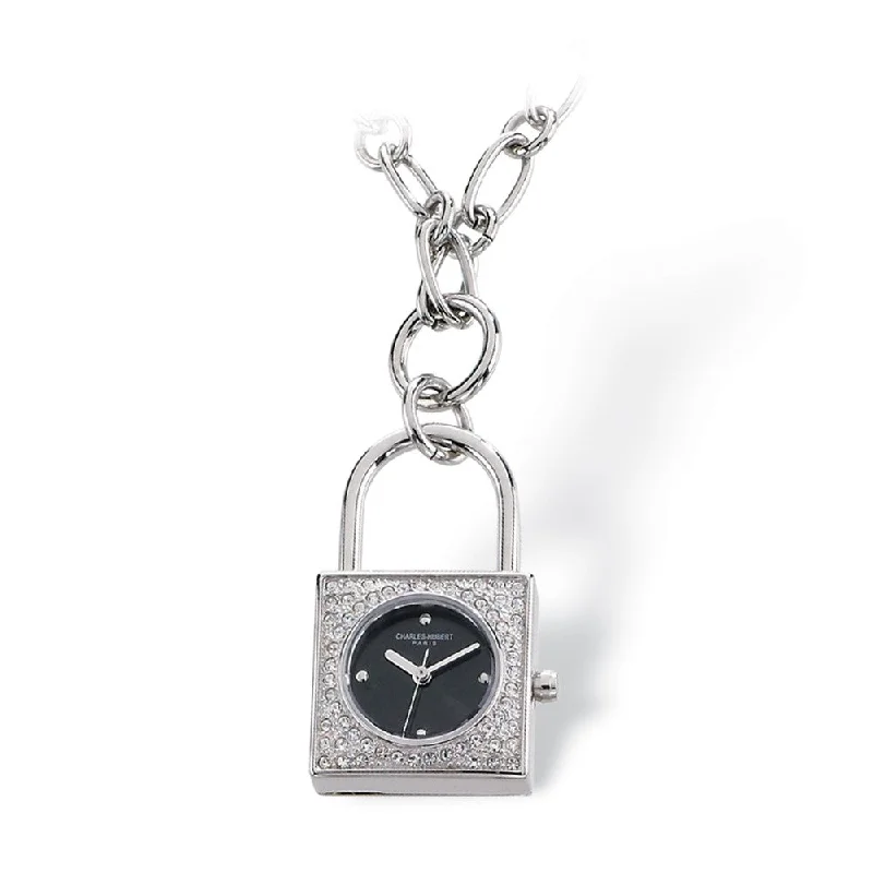 Charm Necklace for Casual Wear-Ladies, Stainless Steel, Black Dial Padlock Pendant Watch Necklace