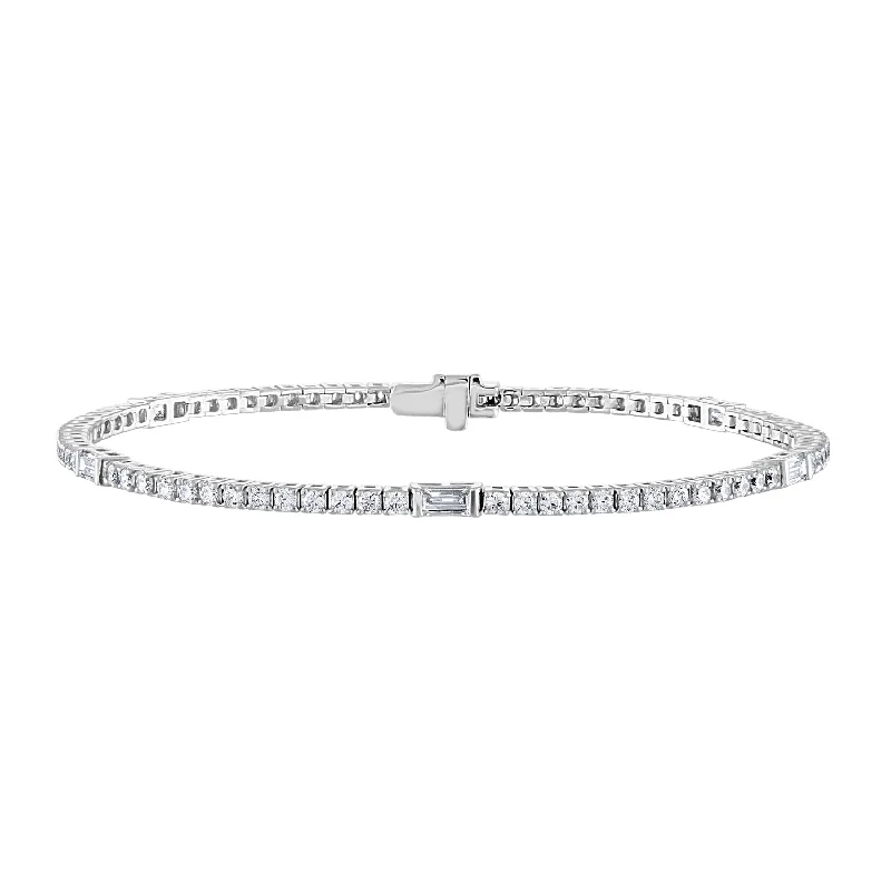 Simple Pearl Bracelet for Bridesmaids-14K White Gold Diamond & Baguette Station Tennis Bracelet