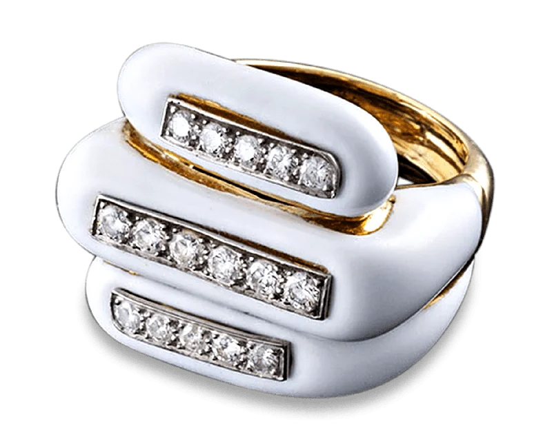 Silver Wedding Ring Set for Couples-David Webb White Enamel and Diamond Ring