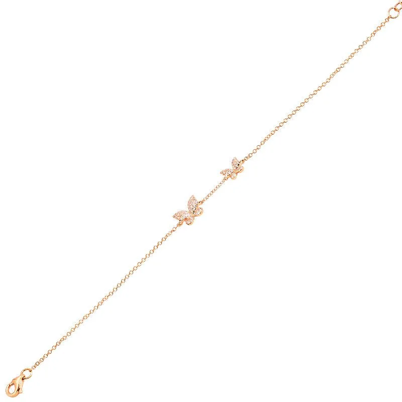 Stylish Silver Bracelet for Special Events-14K Rose Gold Double Diamond Butterfly Bracelet