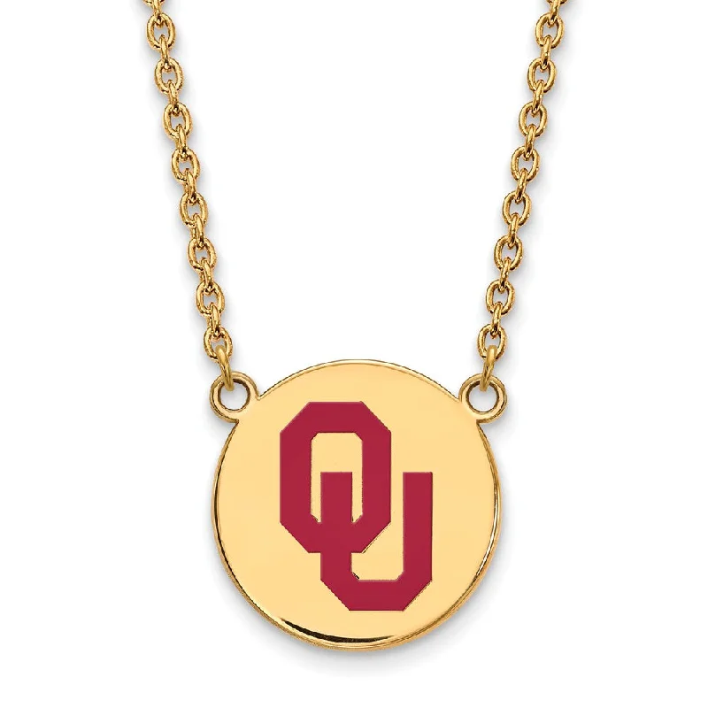 Bold Fashion Necklace for Evening Events-14k Gold Plated Silver Oklahoma Lg. OU Enamel Pendant Necklace