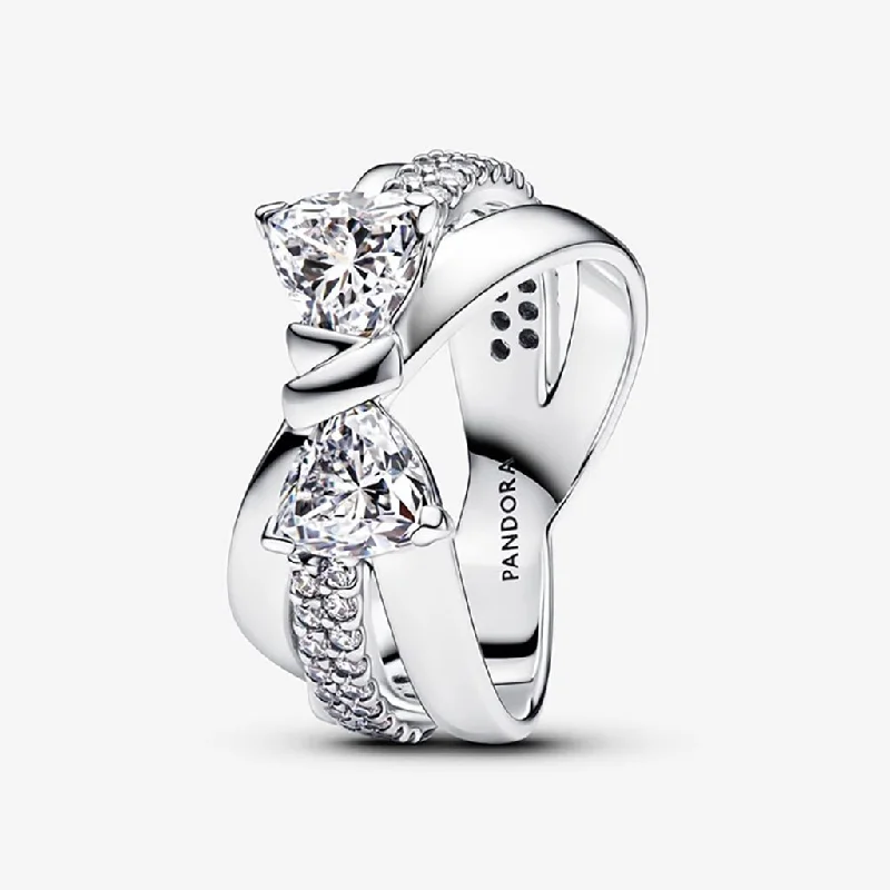 Luxury Ring with Gold and Diamonds-PANDORA : Sparkling Bow Crossover Ring