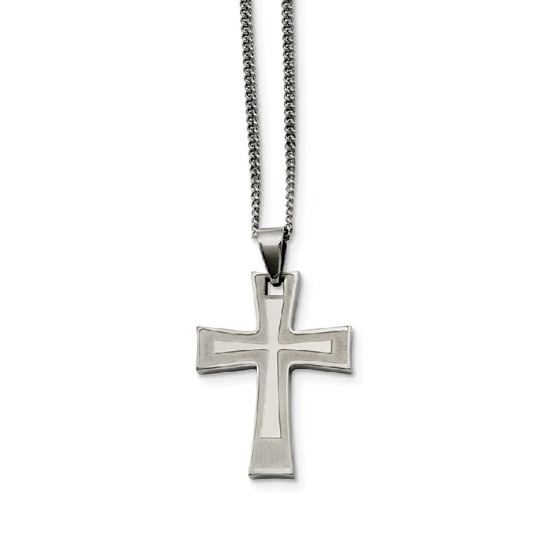 Custom Pendant Necklace for Special Gifts-Stainless Steel Brushed and Polished Cross Necklace - 24 Inch