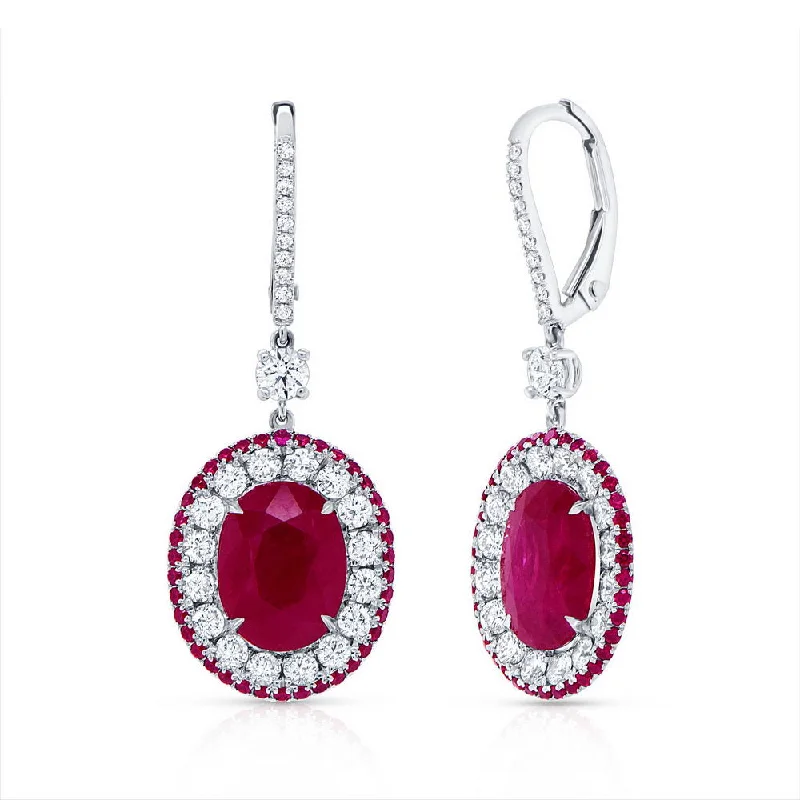 Colorful Gem Earrings-Uneek Precious Collection Halo Oval Shaped Ruby Dangle Earrings