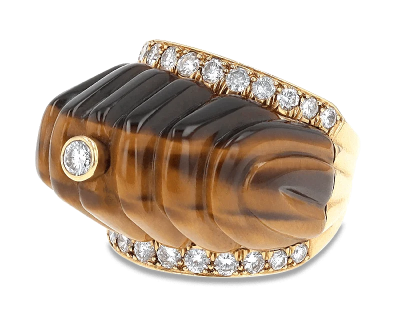 Classic Silver Ring for Casual Wear-David Webb Tiger's Eye and Diamond Ring