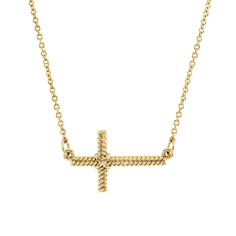 Unique Charm Necklace for Stylish Women-20mm Sideways Rope Cross Necklace in 14k Yellow Gold, 16.5 Inch