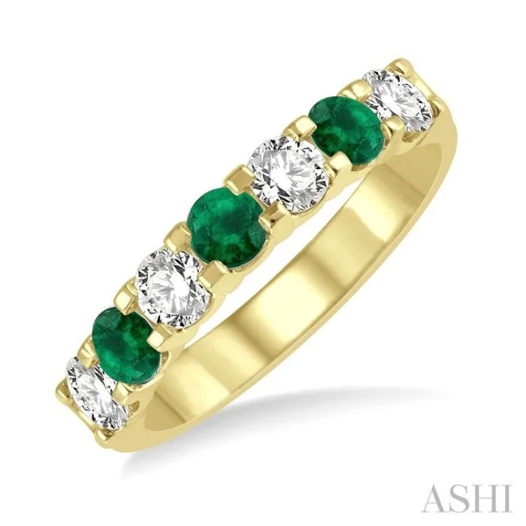 Vintage Engagement Ring with Emerald-1/2 ctw Round Cut Diamond and 3.3MM Emerald Precious Wedding Band in 14K Yellow Gold