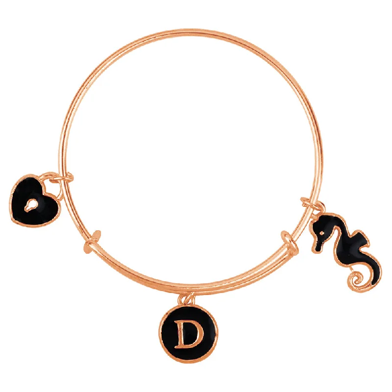 Trendy Bangles for Modern Brides-Mahi D Letter Lock & Sea Horse Shaped Rose Gold Plated Enamel Work Charms Kids Bracelets for Kids (BRK1100975Z)