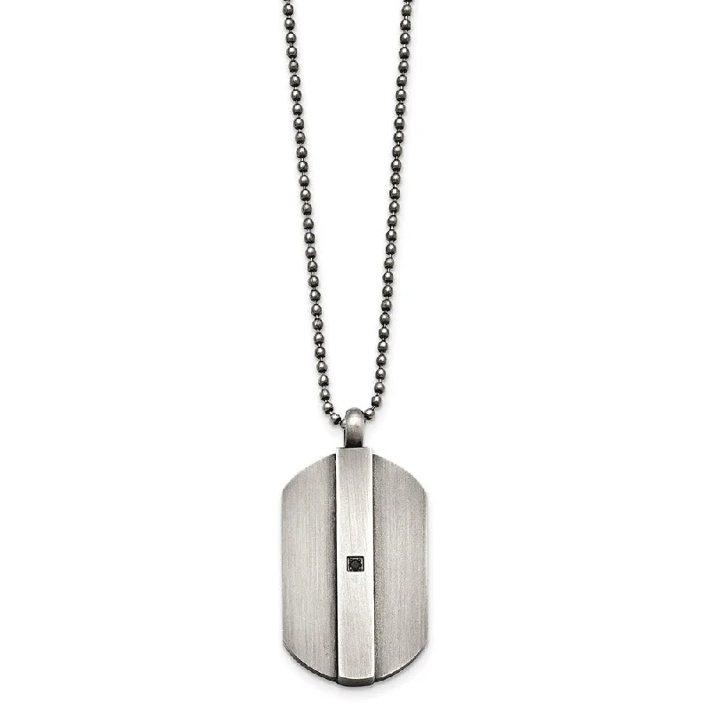 Black Necklace for Evening Events-Antiqued Brushed Stainless Steel & Black CZ Dog Tag Necklace, 20 Inch