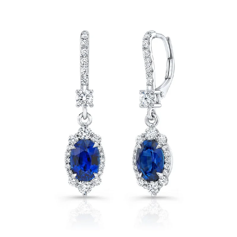 Sterling Silver Hoop Earrings-Uneek Petals Collection Halo Oval Shaped Blue Sapphire Dangle Earrings