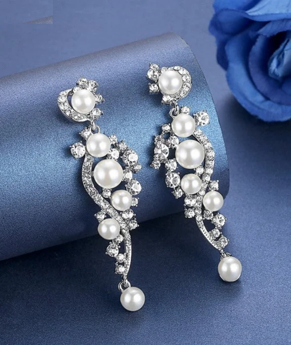 Gold Hoop Earrings-MEC-006 Crystal Pearls Long Drop Earrings Bridal Wedding Jewelry