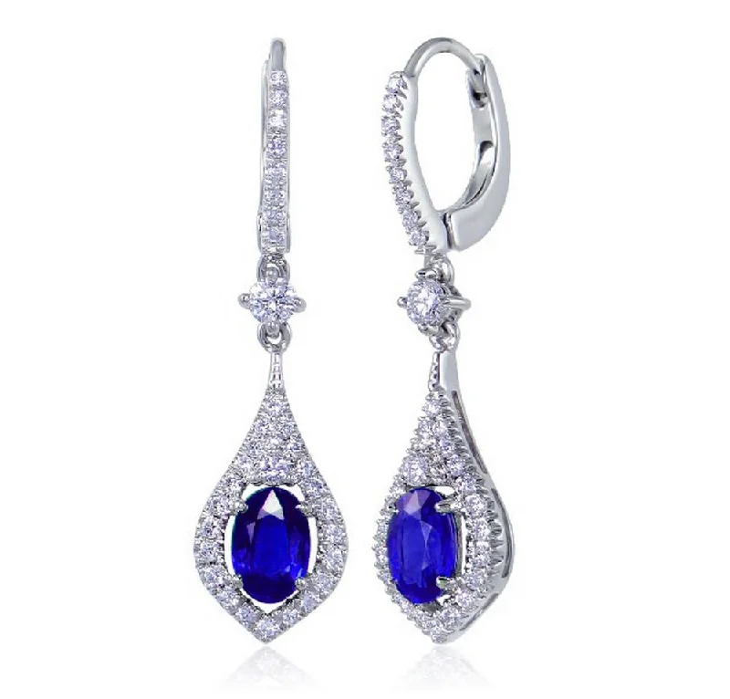 Handcrafted Silver Drop Earrings-Uneek Oval Blue Sapphire Dangle Earrings with Teardrop-Shaped Pave Diamond Halos