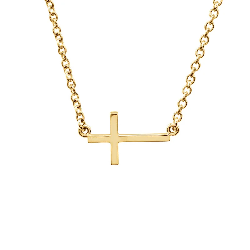 Sterling Silver Necklace with Pendant-17mm Polished Sideways Cross Adjustable 14k Yellow Gold Necklace