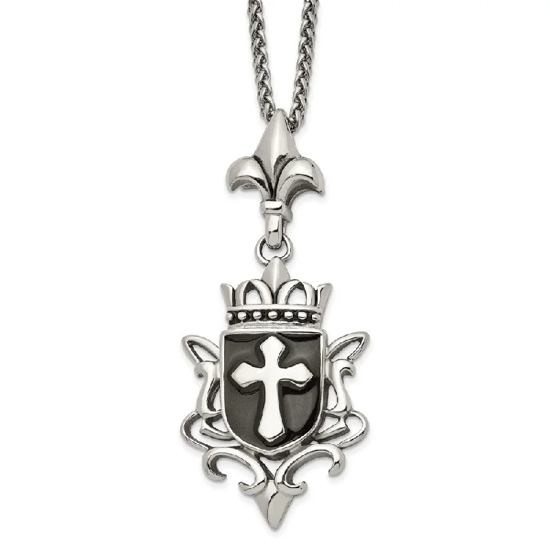 Unique Statement Necklace for Bold Fashion-Stainless Steel, Enamel & Antiqued XL Shield Cross Necklace, 22 Inch