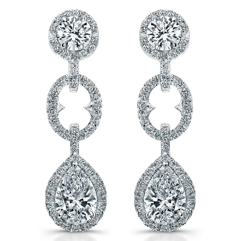 Gold Earrings for Evening Events-Uneek Round and Pear-Shaped Diamond Dangle Earrings with Halos