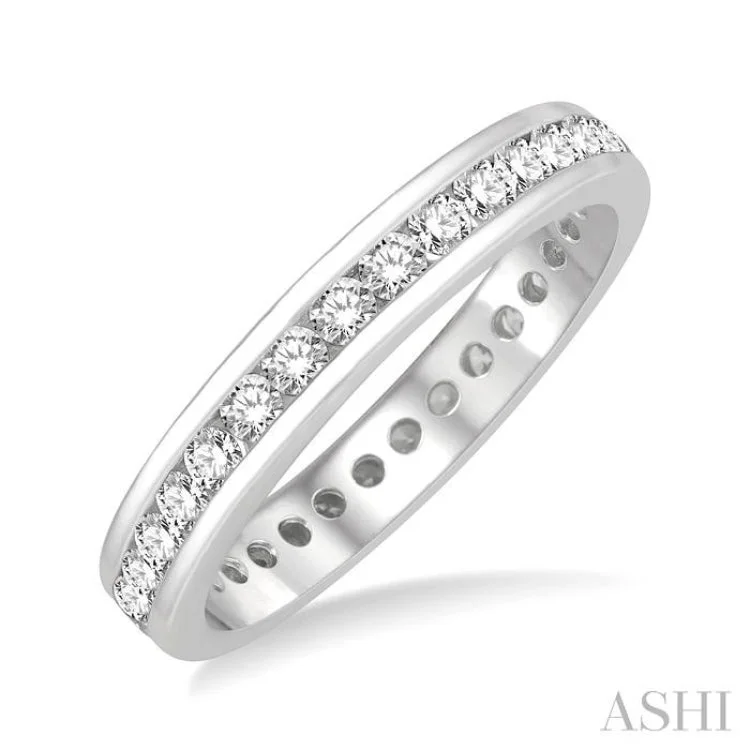 Trendy Gold Ring for Women-1 ctw Channel Round Cut Diamond Eternity Wedding Band in 14K White Gold