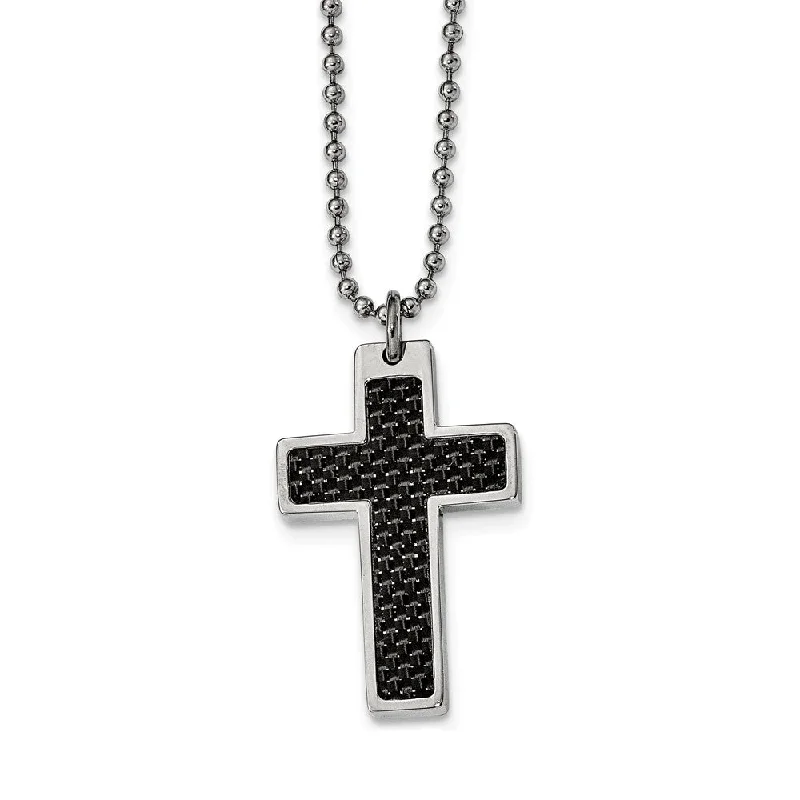 Gold Bar Necklace for Trendy Style-Steel and Black Carbon Fiber Cross and Beaded Chain Necklace - 20 Inch