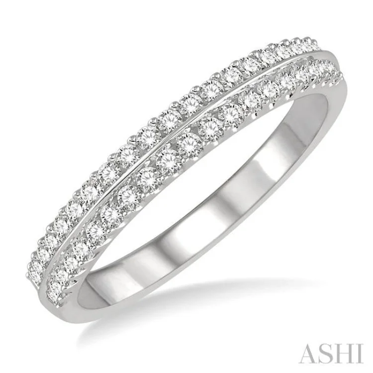 Large Ring with Gemstone for Fashion-1/3 ctw Twin Row Round Cut Diamond Stackable Band in 14K White Gold