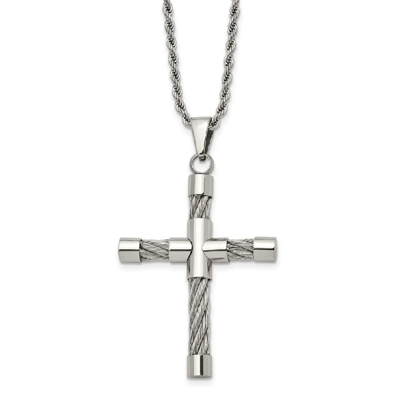 Fashion Necklace for Young Women-Stainless Steel Polished and Wire Cross Necklace - 22 Inch