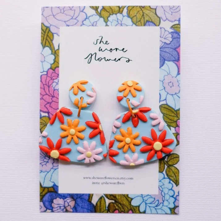 Funky Earrings for Casual Styles-She Wore Flowers Dangles - Blue Floral