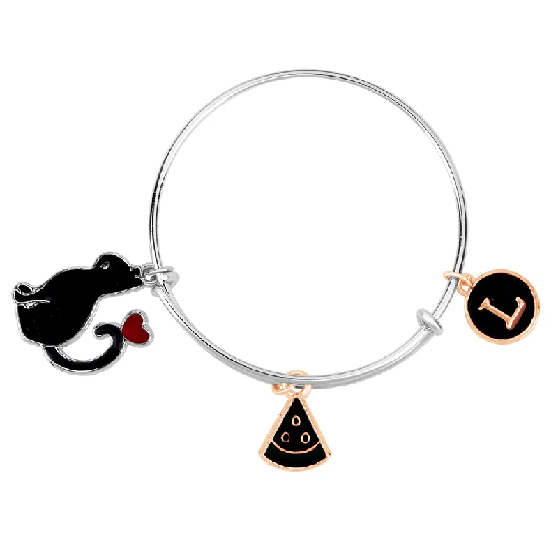 Classic Rose Gold Bangles for Weddings-Mahi L Letter Pizza & Cat Shaped Rhodium Plated Enamel Work Charms Kids Bracelets for Kids (BRK1100997M)