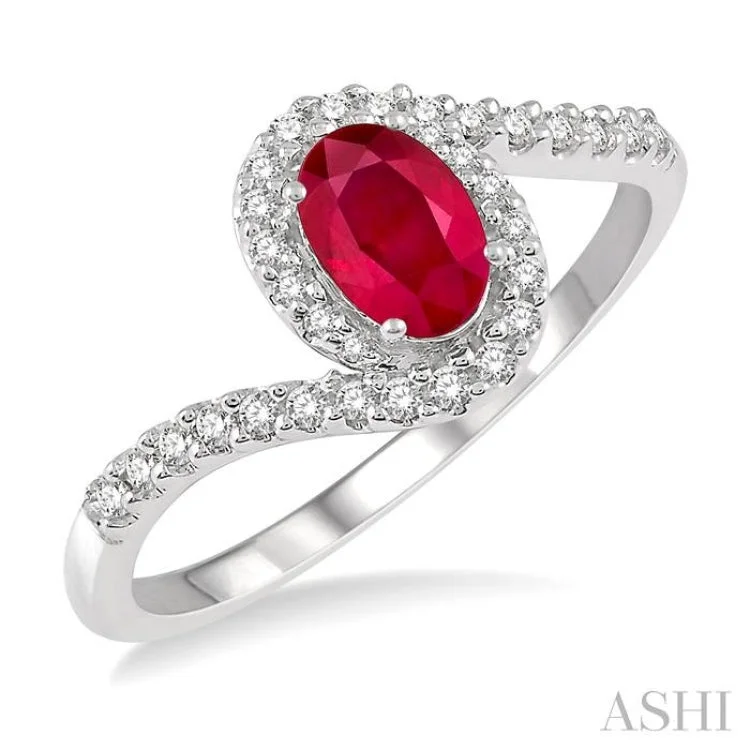 Classic Ruby Ring for Engagement-1/5 Ctw Embraced Oval Shape 6x4mm Ruby & Round Cut Diamond Precious Ring in 10K White Gold