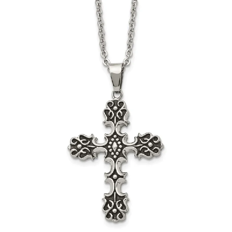 Silver Beaded Necklace for Fashion-Stainless Steel Antiqued Ornate Cross Necklace, 22 Inch