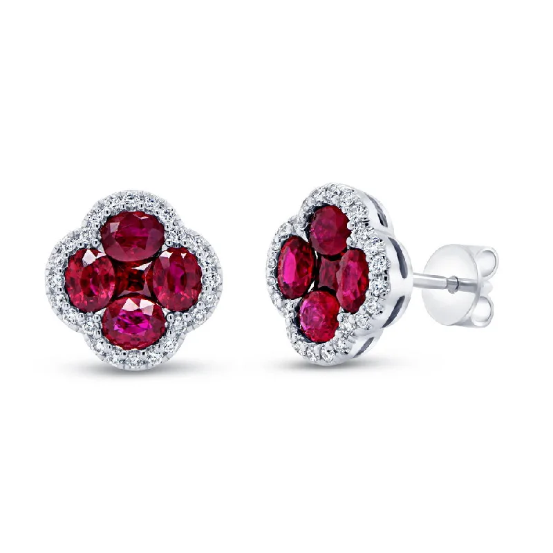 Funky Earrings for Casual Styles-Uneek Precious Collection Floral Oval Shaped Ruby Stud Earrings